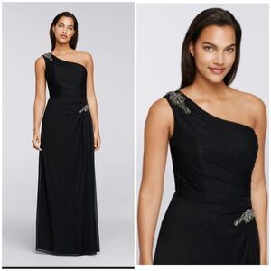 Alex Evenings elegant formal one shoulder ruched mesh long dress black sz 4